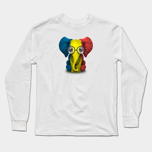 Baby Elephant with Glasses and Romanian Flag Long Sleeve T-Shirt by jeffbartels